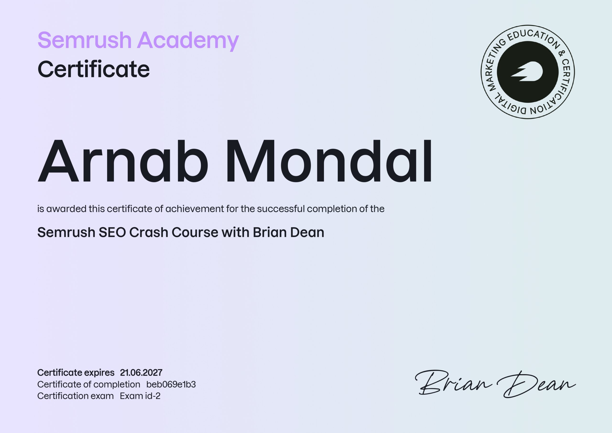 Semrush SEO Crash Course Certificate