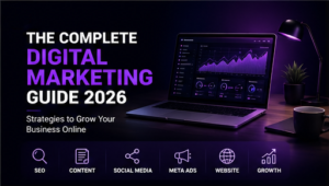 Laptop on a desk showing marketing analytics charts.