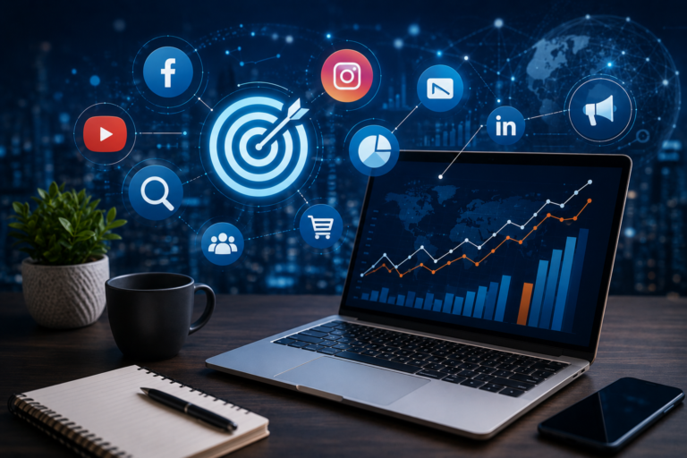 Professional digital marketing illustration featuring SEO, social media marketing, analytics dashboard, online advertising, business growth, and performance tracking on a modern workspace.