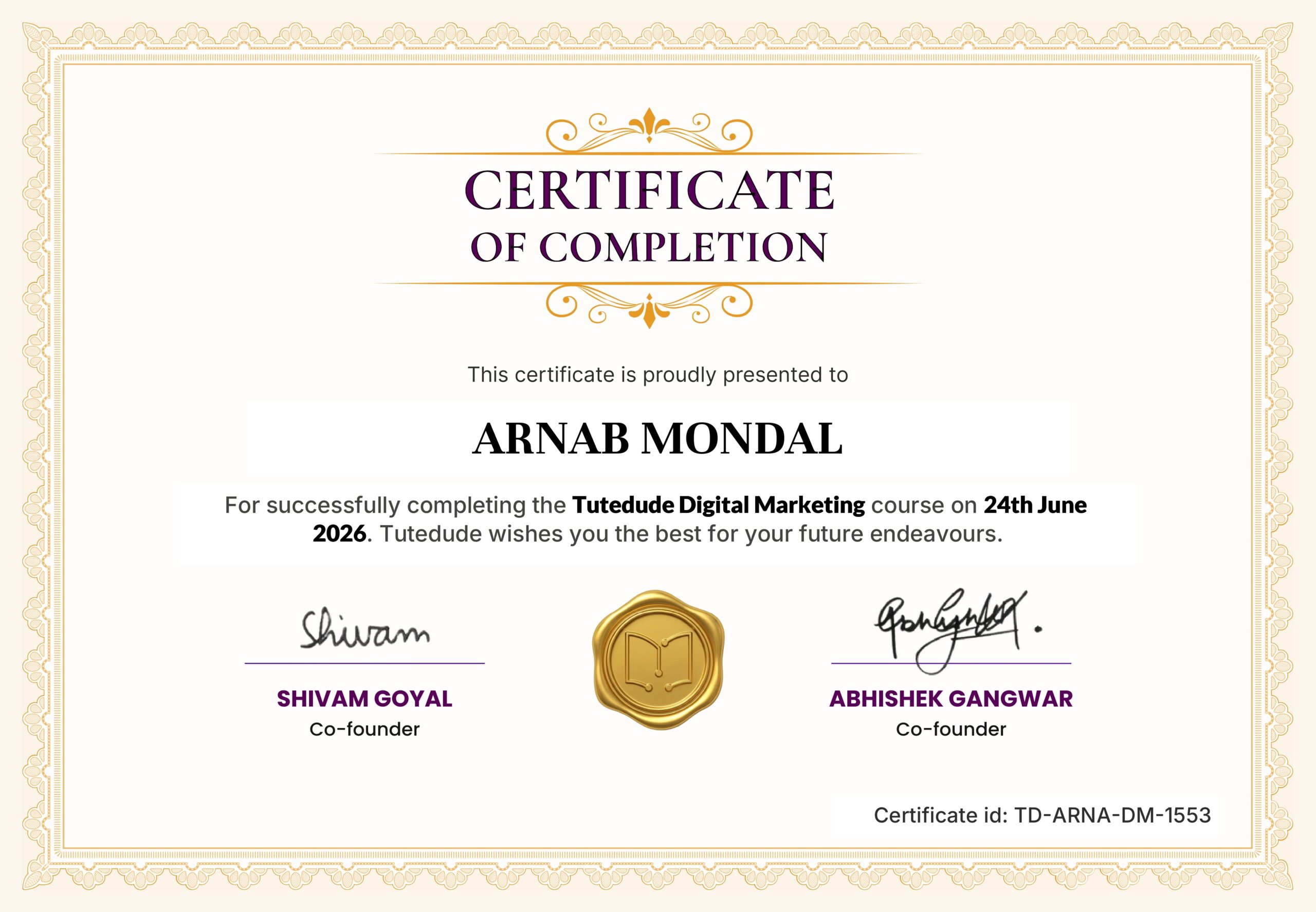 Tutedude Digital Marketing Certificate