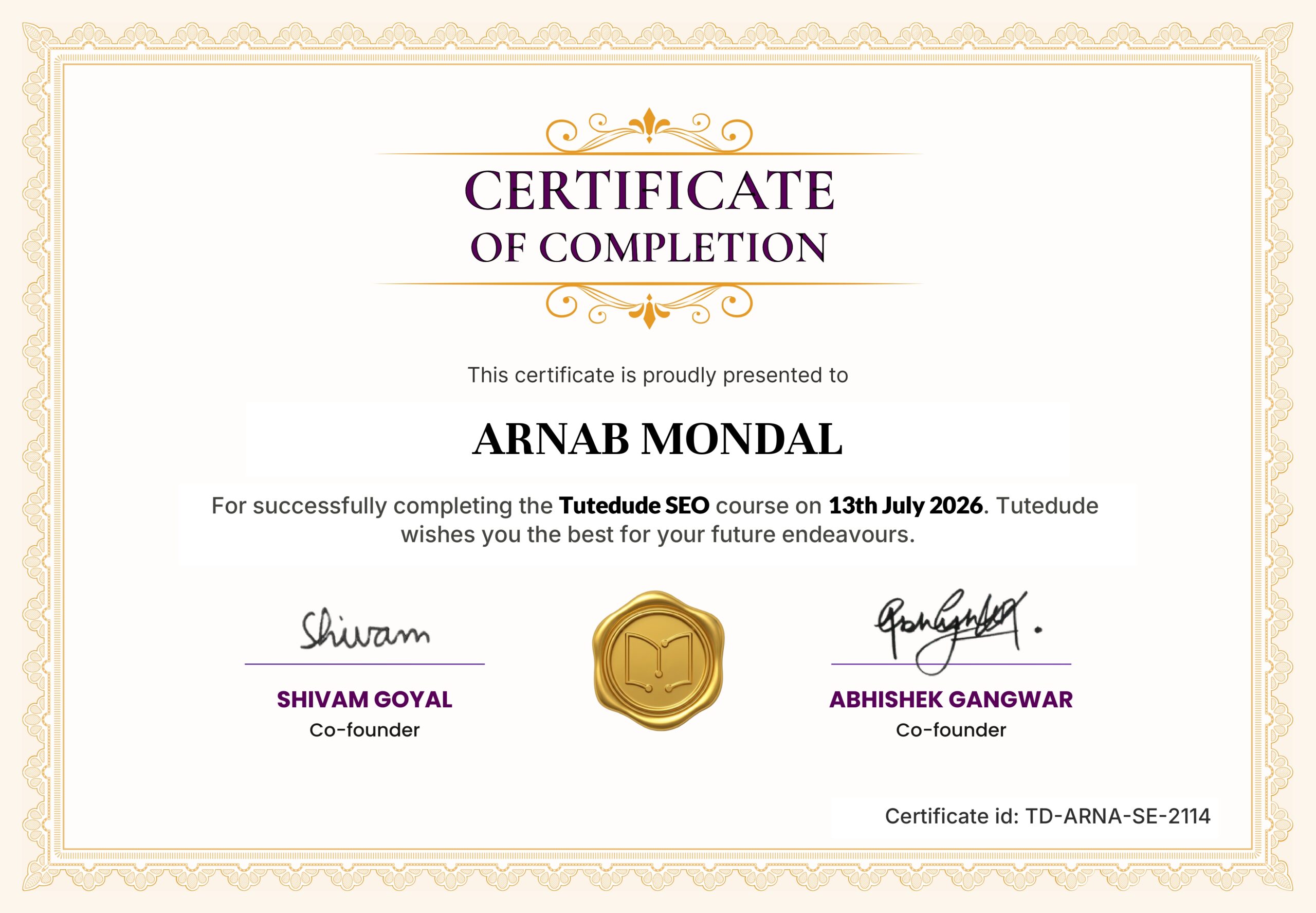 Tutedude SEO Certificate