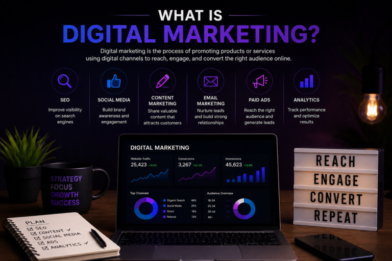 Illustration explaining digital marketing, including SEO, social media marketing, content marketing, email marketing, paid advertising, analytics, and online business growth strategies.