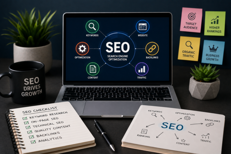 Illustration representing Search Engine Optimization (SEO) with website ranking, keyword research, analytics dashboard, search engine results, and digital marketing strategy.